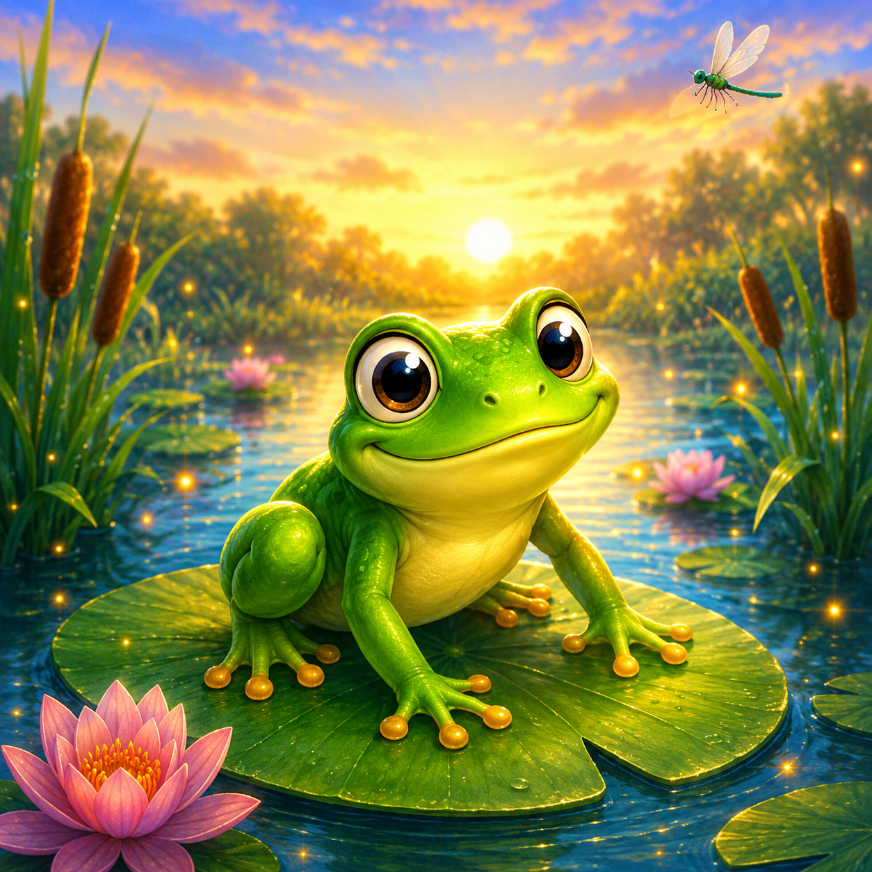 Eugene the frog sitting on a lily pad