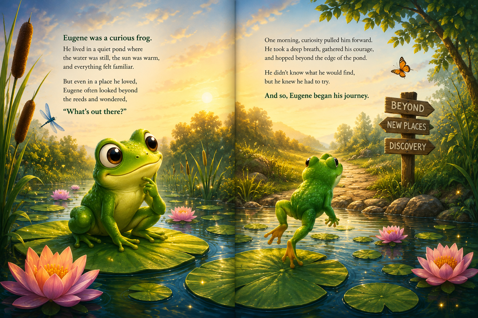 Sample illustrated spread from Eugene The Wayward Frog