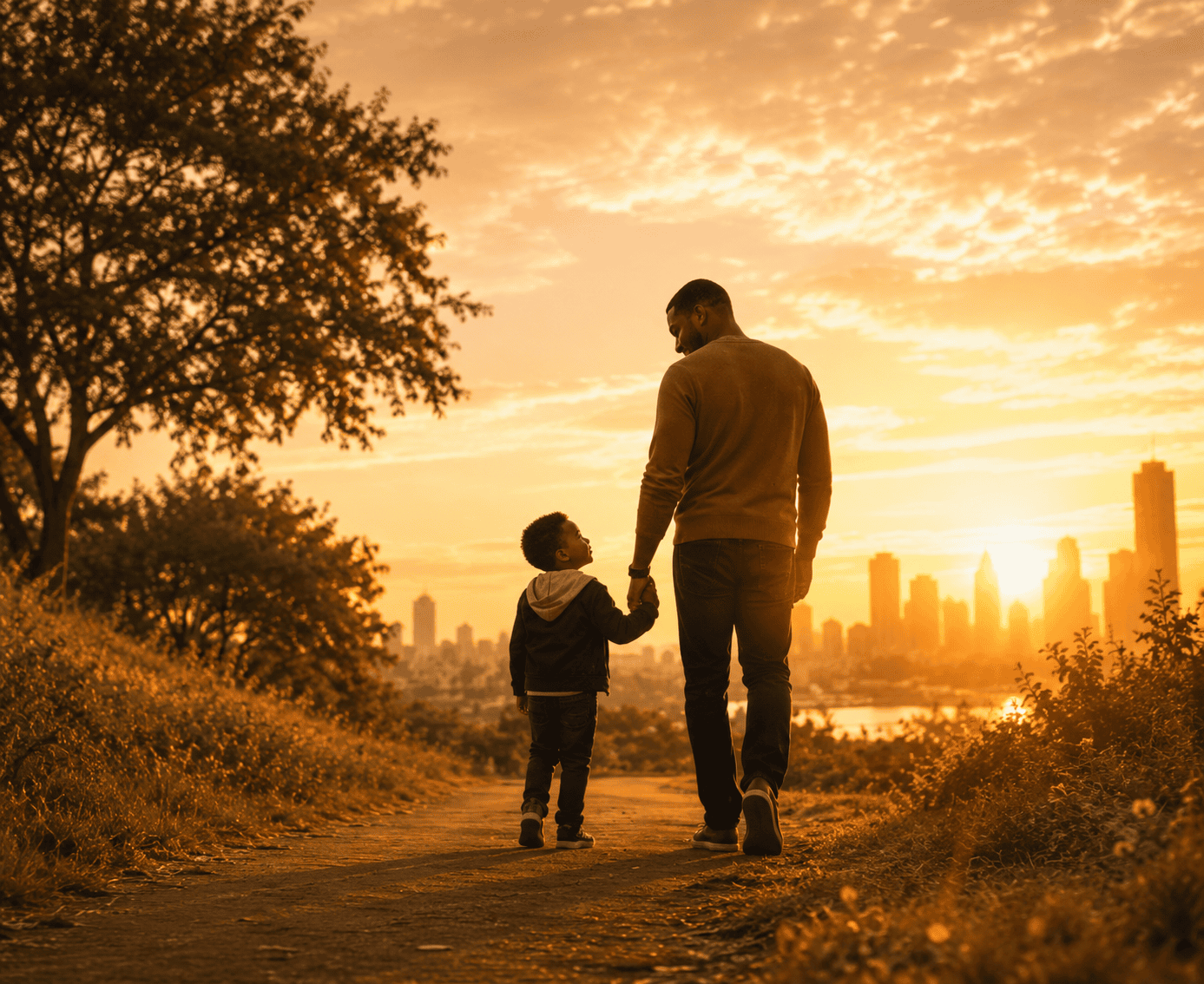 A father and young son walking together at sunset